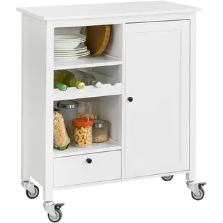 تروللي مطبخ FurniFlex بعجلات وحامل زجاجات أبيض
