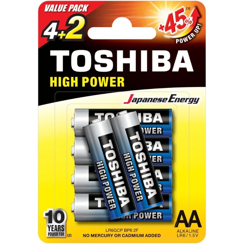 بطاريات Toshiba قلوية AA عالية الطاقة 6 قطع