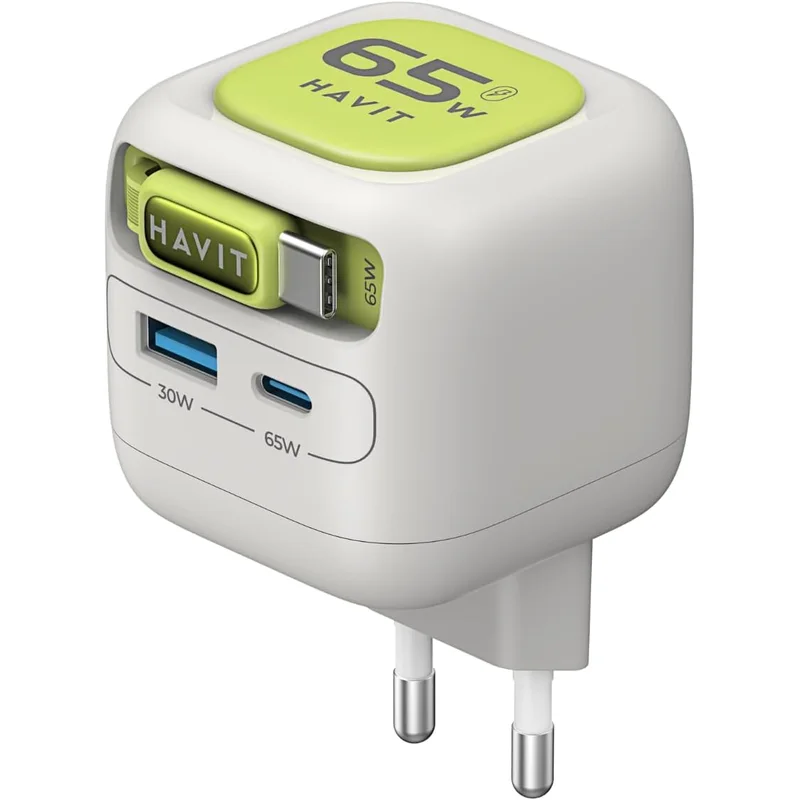 محول شحن سريع هافيت 65 وات مع كابل سحب USB-C