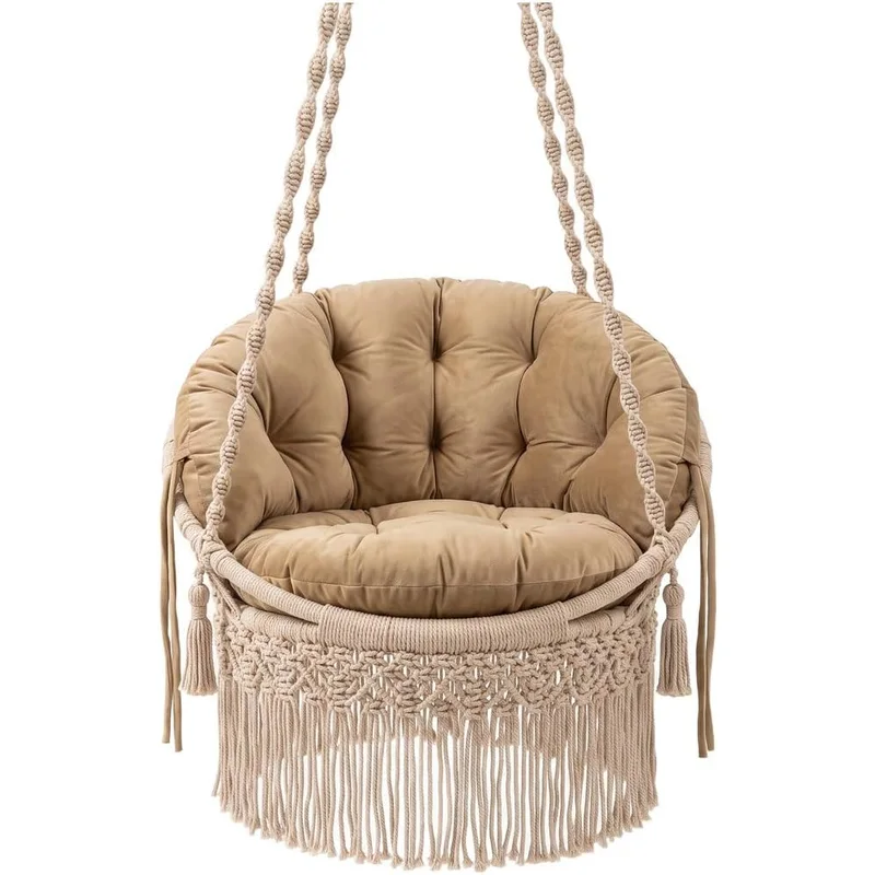 Handmade Macrame Thread Swing Chair, 120L x 50W centimeters, Khaki