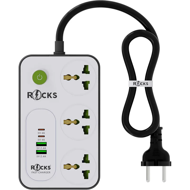 مشترك كهرباء روكس R-342 بثلاثة منافذ و4 USB أبيض