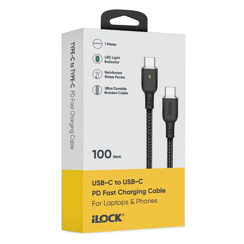 كابل شحن سريع USB-C إلى USB-C مضفر بقوة 100 وات