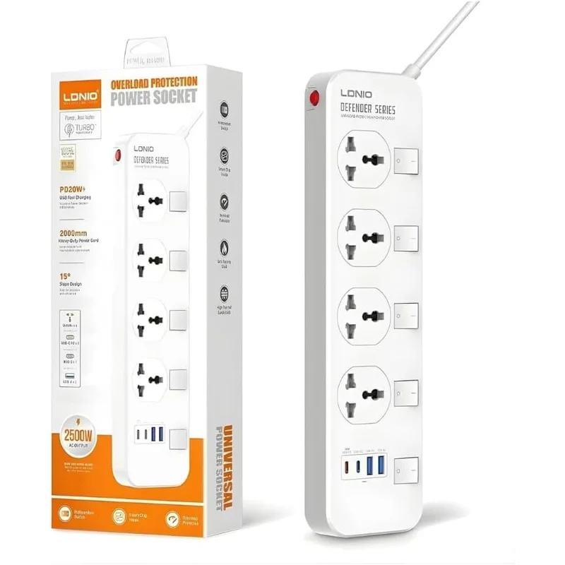 مشترك كهرباء LDNIO بـ 4 منافذ و4 شحن USB