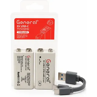 بطارية عام 9 فولت USB-C قابلة لإعادة الشحن