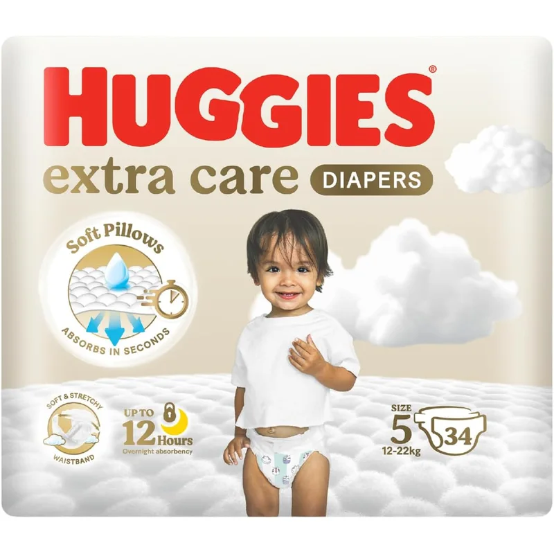 حفاضات Huggies Extra Care مقاس 5 للأطفال 34 قطعة