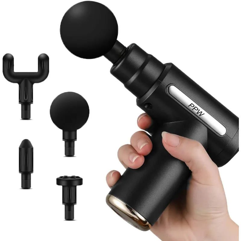 PPW Mini Massage Gun Deep Tissue Light Massage,USB Recharge,4 Massage Heads,Travel Home Handheld Ele