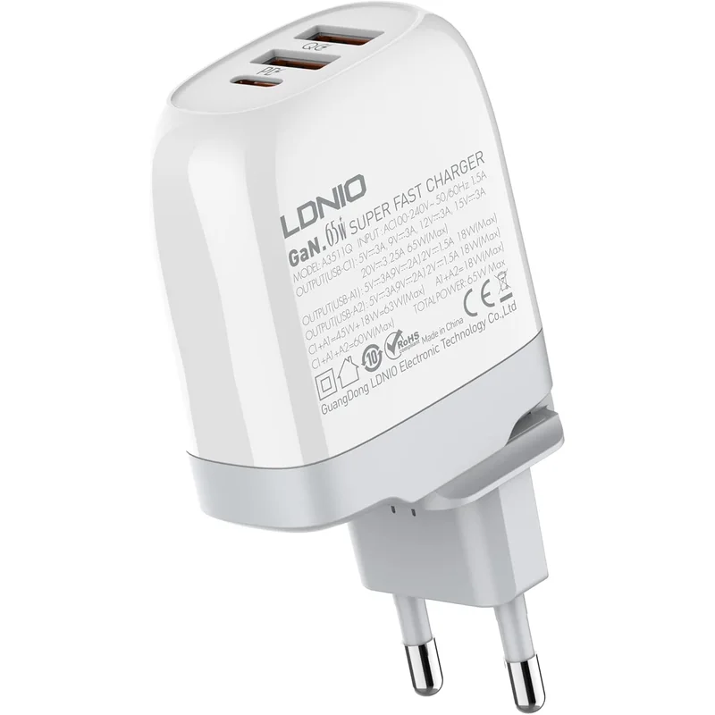 شاحن لدنيو سريع 65 وات بثلاثة منافذ USB متعدد الاستخدامات