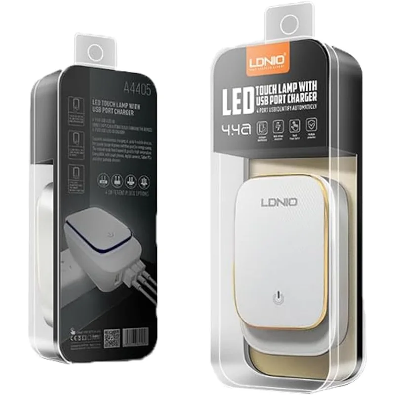 شاحن حائط LDNIO سريع A4405 مع 4 منافذ USB وكابل لايتنينج أبيض
