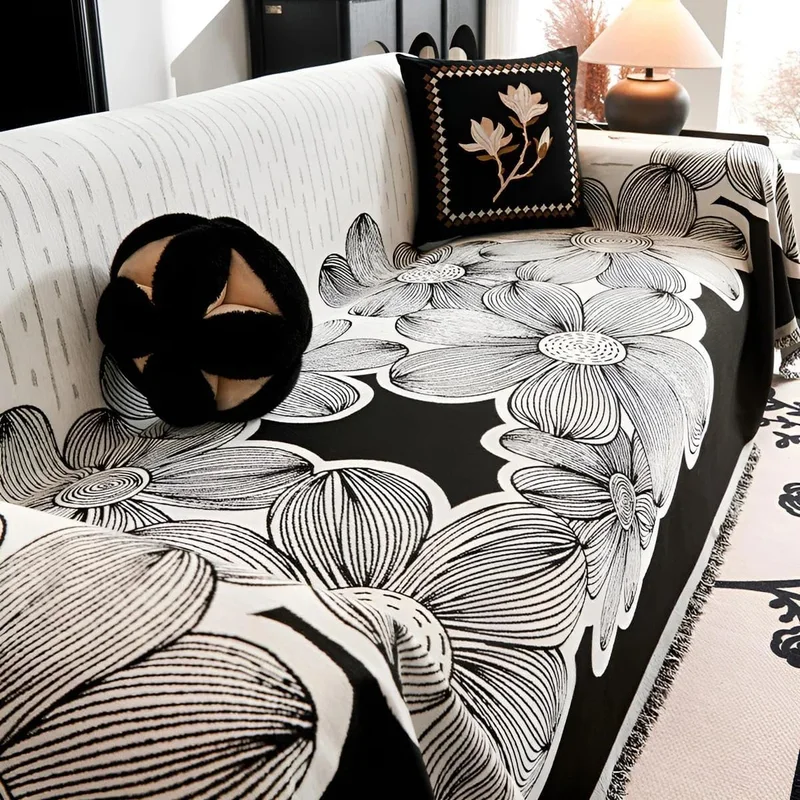 غطاء كنب أسود بنقشة ورد من Elegant Home قطعتين