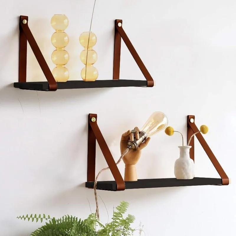 رف حائط عائم بتصميم جلدي بني بمقاس 60×20 من Home Gallery