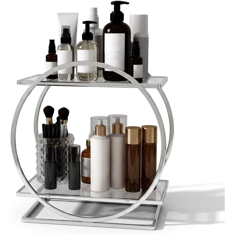 حامل مكياج وعطور من طابقين بإطار معدني ذهبي